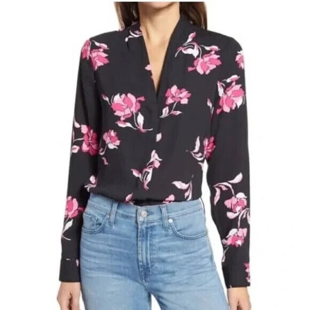 Halogen V-Neck Top in Black Pink Morgana Floral Long Sleeves Button‎ Up XS